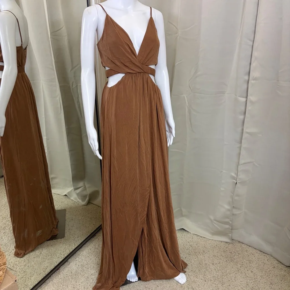 Stylestalker Rust Brown Cut Out Maxi Dress V-Neck High Slit Open Back Small
